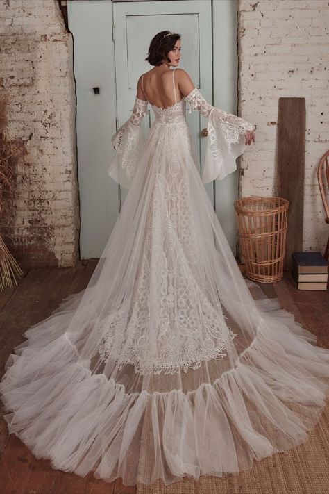 Every detail of this awe-inspiring bohemian wedding dress, from her optional chiffon and lace bell sleeves to her tassel hem, was designed to make you feel like the boho goddess you are. If you are looking for even more versatility, see how she transforms into a chic A-line with her tulle skirt Wedding Dress With Bell Sleeves, Lace And Tulle Wedding Dress, Bell Sleeve Wedding Dress, Kimono Lingerie, Inspired Wedding Dress, Boho Chic Wedding Dress, Lace Long Sleeve Dress, Vintage Wedding Dress Boho, Tulle Neckline