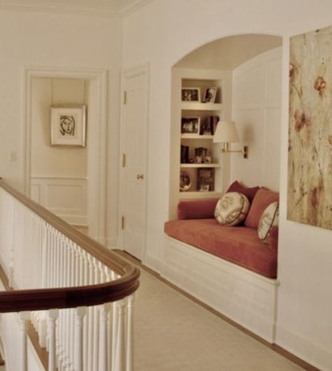 Bookshelf With Built In Seating, Reading Book Built In, Recessed Bench In Wall, Recessed Reading Nook, Built In Cabinet With Bench, Reading Nook Built In Alcove, Built In Nooks, Hallway Window Seat, Daybed Built In Bookshelves