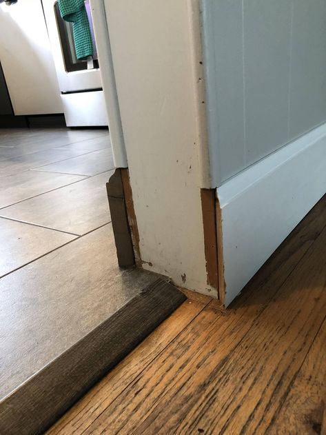 Mismatched baseboards tie in - Home Improvement Stack Exchange Floor Trim Ideas Baseboards, Baseboard Ideas, Wood Edging, Installing Laminate Flooring, Trim Carpentry, Finish Work, Shoe Molding, Base Moulding, Floor Trim