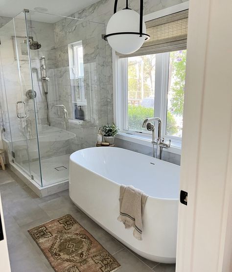 Primary Bathroom Tub, Primary Bathtub, Soaking Tub Shower Combo Master Bath, Shower And Free Standing Tub, Free Standing Tubs, Updated Bathroom Ideas, Freestanding Bathtub, Freestanding Tubs In Master Bath, Walk In Shower With Tub Inside