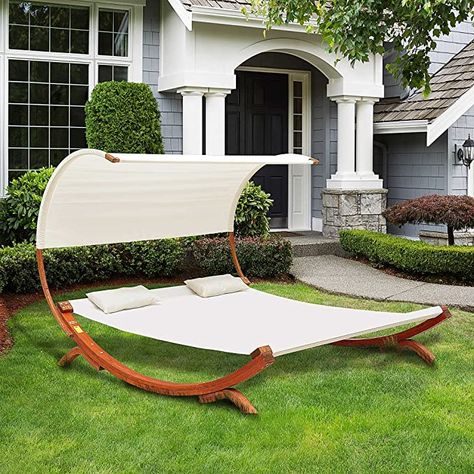 Outsunny Hammock Chaise Day Bed with Canopy Wooden Double Sun Lounger - Cream Day Bed With Canopy, Bed With Canopy, Double Sun Lounger, Wooden Hammock, Daybed Canopy, Hammock Bed, Larch Wood, Double Hammock, Fabric Canopy