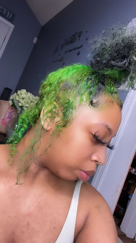 Natural Hair Black And Green Natural Hair, Black Hair With Lime Green Highlights, Green Hair Natural Hair, Neon Green Skunk Stripe Hair, Lime Green Skunk Stripe Hair, Green Hair Black Women Natural, Lime Green Hair Black Women, Green Dyed Hair Black Women, Black And Green Hair Black Women