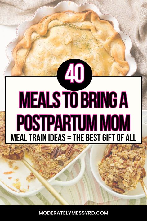 If you have a friend or family member who recently had a baby, bringing them an already prepared meal is often the greatest gift of all! This post features over 40 meal and snack ideas to make for a postpartum mom. Whether you have a small group of friends or you’re putting together a meal train, these are great options to help that new mom eat healthy, home-cooked meals after giving birth. She won’t have to worry about making dinner with a newborn or resort to takeout every night. After Birth Meal Prep, Easy Meals For New Moms, Post Birth Meals, Dinner For A New Mom, Desserts For New Moms, Postpartum Meals To Bring, Postpartum Dinner Recipes, Make Ahead Meals For New Moms, Easy Meals For A New Mom