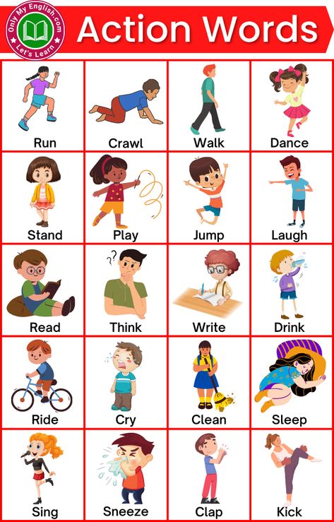 Action Words With Pictures, Action Words Worksheet, Vocabulary Words With Meaning, Actions Words, Verbs For Kids, Basic English Grammar Book, Teach English To Kids, English For Kids, English Learning Books