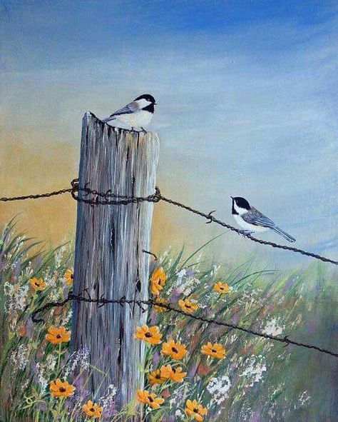 Old Fences, Summer Painting, Fence Paint, Encouraging Quotes, 수채화 그림, Watercolor Landscape Paintings, Two Birds, Fence Post, Art Painting Acrylic