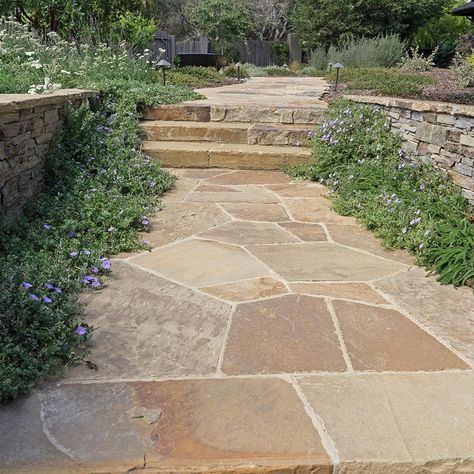 Landscape Paving, Flagstone Patio Design, Flagstone Paving, Masonry Design, Heather Gardens, Flagstone Pavers, Flagstone Path, Dark Photo, Outdoor Walkway