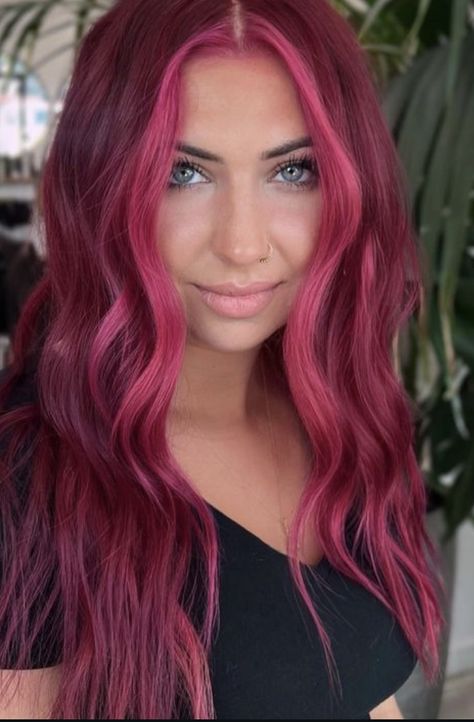 Red Into Pink Hair, Violet And Magenta Hair, Burgundy And Magenta Hair, Pink Dark Brown Hair, Magenta Hair Balayage, Deep Magenta Hair, Cherry Red And Pink Hair, Magenta Hair Aesthetic, Dark Red And Pink Hair