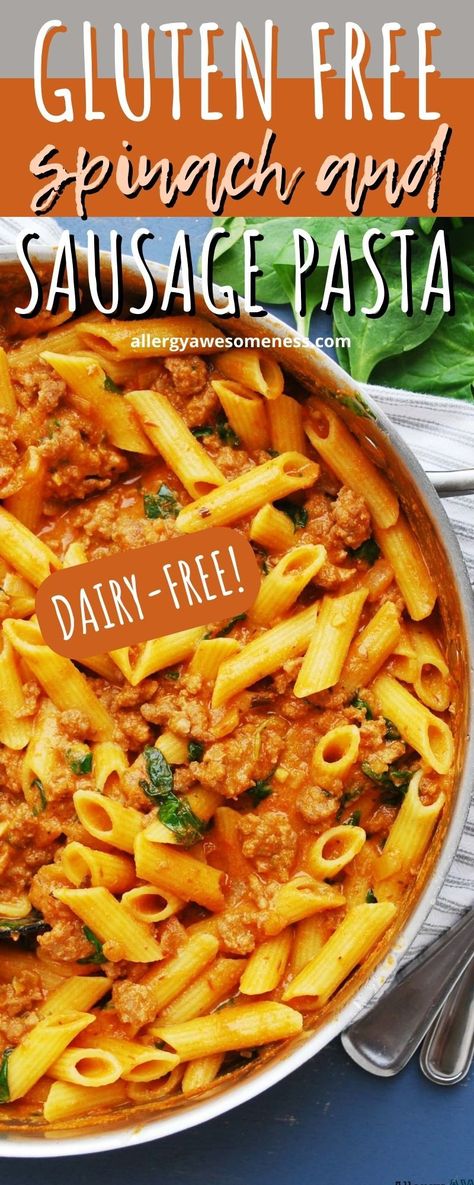 Dairy Free Italian Recipes, Pasta Recipes Dairy Free, Spinach Sausage Pasta, Gluten Free Pasta Dinner, Gluten Free Italian Recipes, Italian Sausage Recipes Pasta, Spicy Pasta Recipes, Gluten Free Pasta Dishes, Dairy Free Pasta Recipes