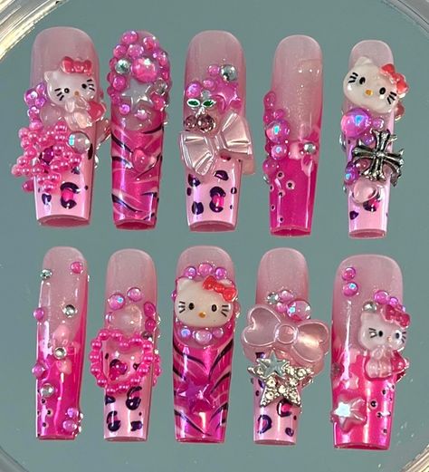 Pink Hello Kitty junk set 🩷🎀🐈 . Recreation of @nissanailedit . . . #pressonnails #gelxnails #pinknails #frenchtipnails #cheetahprintnails #y2knails #charmnails #junknails #hellokittynails #sanrionnails Hello Kitty X Spiderman Nails, Hello Kitty Charm Nails, Cheetah Print Nails, Junk Nails, Hello Kitty Nails, Y2k Nails, Pink Hello Kitty, Nails Inspo, French Tip Nails