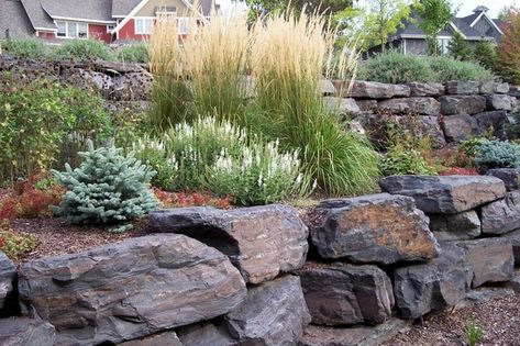 Tiered Retaining Wall, Retaining Wall Landscape, Rock Wall Landscape, Tiered Landscape, Boulder Retaining Wall, Rock Retaining Wall, Wall Landscape, Landscaping Rock, Driveway Ideas