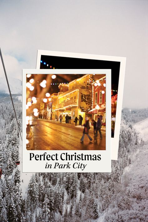 Snowy mountain landscape in Park City, Utah decorated with Christmas lights at night. Skiers visible on the slopes during the daytime. Park City Christmas, Utah Christmas, Deer Valley Resort, Temple Square, Park City Ut, Ice Castles, Deer Valley, Cowboy Christmas, Winter Getaway