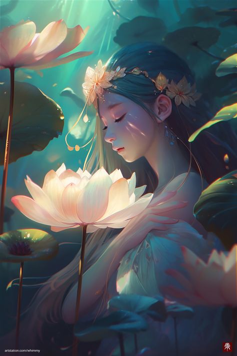 Anime Lotus, Lotus In Water, Lotus Anime, Lotus Fairy, Lotus Character Design, Lotus Illustration Design, Water Magic Art, Water Lily Art, Lotus Illustration