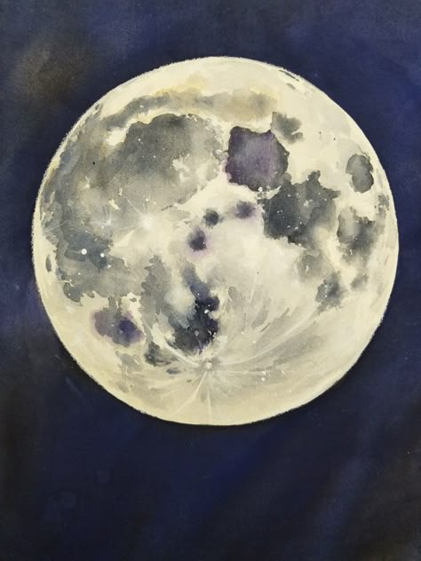 Dark Watercolor Paintings, Watercolor Art Moon, Moon Sketchbook, Full Moon Watercolor, Watercolour Scenery, Moon Watercolor Painting, Aura Painting, Galaxy Art Painting, Watercolour Moon