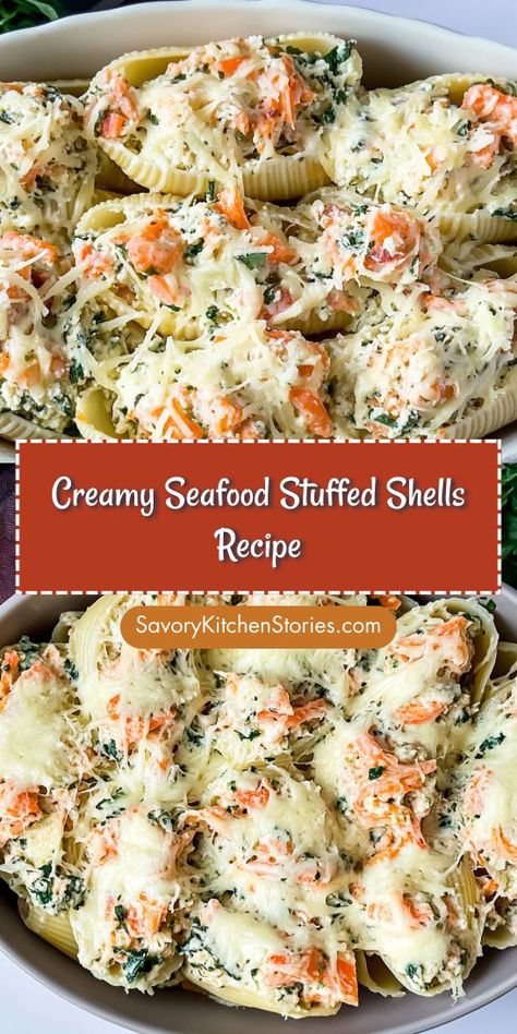 Want to elevate your dinner game with a seafood twist? These Creamy Seafood Stuffed Shells are not only easy to make but also a crowd-pleaser. Perfect for any occasion! Save this recipe for your future seafood dinner ideas and impress your guests! Seafood Alfredo Stuffed Shells, Salmon Stuffed Shells Recipe, Creamy Seafood Stuffed Shells, Stuffed Shells With Seafood, Stuffed Shells With Shrimp Recipe, Stuffed Shells Seafood, Stuffed Crab Shells, Seafood Recipes For A Crowd, Stuffed Seafood Shells