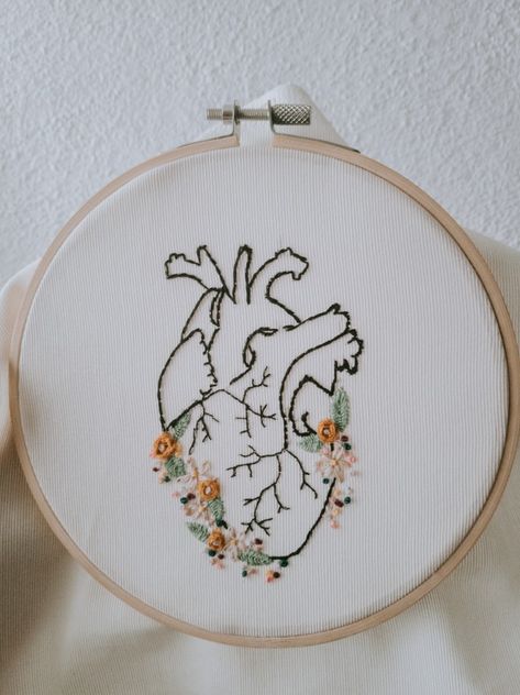 Medicine Embroidery Patterns, Anatomical Heart Embroidery Pattern, Realistic Heart Embroidery, Real Heart Embroidery, Anatomic Heart Embroidery, Anatomy Embroidery Patterns, Human Heart Embroidery, Medicine Embroidery, Nursing Embroidery