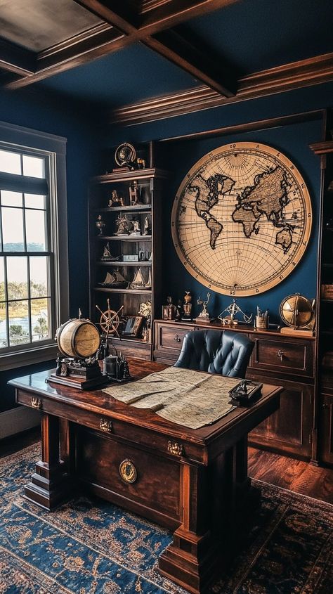 Vintage captain's office with navy walls, wooden furniture, maps, compasses, and nautical decor, bathed in natural light. Old World Maps Vintage, Dream Room Ideas, Nautical Motifs, Nautical Office, Room Ideas Vintage, Rustic Wooden Furniture, Navy Blue Walls, Old World Maps, Large Desk