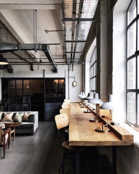 Coworking Space Design, Warehouse Office, Industrial Office Design, Loft Office, Office Space Design, Industrial Interior Design, Soho House, Industrial House, Hospitality Design