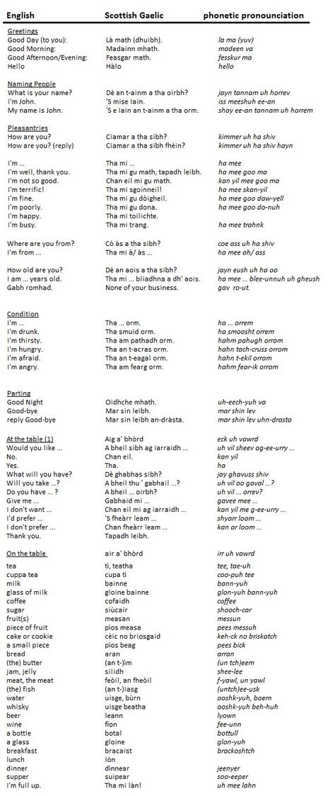 Some phrases in Scottish Gaelic - common greetings & at the table.  Most of the phrases are from the book "Everyday Gaelic" by Morag MacNeill Scottish Phrases Sayings, Scottish Language Gaelic Words, Gaelic Language Learning, Learn Scottish Gaelic, Gaelic Words Scottish, Learning Scottish Gaelic, Tattoos In Irish Gaelic Words, Scots Gaelic Words, Gaelic Quotes Scottish