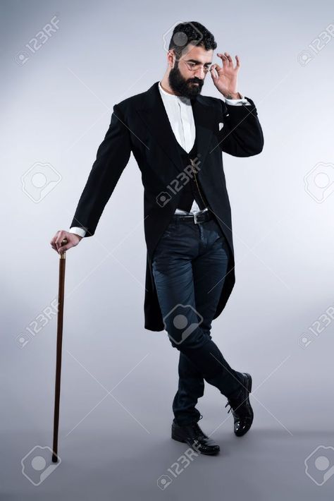 Man With Black Hair, 1900 Fashion, Male Pose Reference, Anatomy Poses, Body Reference Poses, Walking Cane, Dorian Gray, Standing Poses, Human Poses Reference