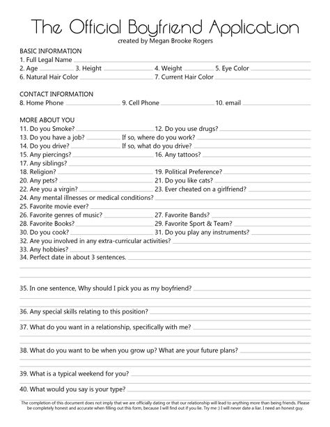 Boyfriend application created by my step-daughter Best Friend Application, Girlfriend Application, Boyfriend Application, Relationship Contract, Friend Application, Snapchat Questions, Dating Application, Dating My Daughter, Funny Relationship Memes