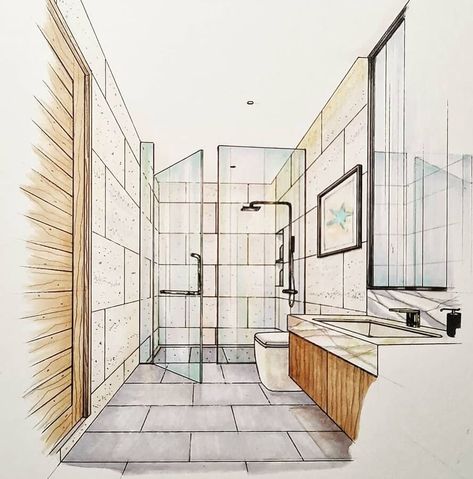 Interior Design Drawing Bathroom Sketch, Croquis Architecture, Interior Architecture Sketch, Interior Design Sketchbook, Furniture Design Sketches, Interior Design Renderings, Interior Architecture Drawing, Drawing Interior, Interior Design Drawings