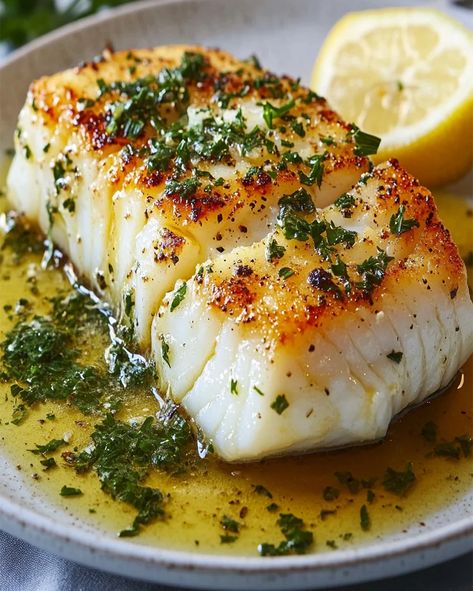 Golden Seared Cod Recipe with Herb Butter Sauce | Easy Meal Cod Easy Recipe, Seared Cod With Herb Butter Sauce, Skillet Fish Recipes, Cod Lemon Butter Sauce, Cod Lion Fish Recipe, Cod And Chips, Golden Seared Cod With Herb Butter Sauce, White Fish Recipes Healthy Clean Eating, How To Cook Cod Fish