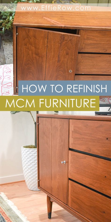 How to restore mid century modern furniture and achieve a perfect finish using steel wool. | #DIY #Minwax #MCM www.effierow.com Mid Century Sideboard Makeover, Mid Century Modern China Cabinet Makeover, Mid Century Modern Bedroom Dresser, 80s Furniture Makeover, Dark Mid Century Modern Bedroom, Mcm Bedroom Ideas, Upcycling Techniques, Diy Mid Century Modern Furniture, Credenza Makeover