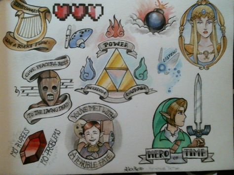 Zelda Tattoo Flash, Legend Of Zelda Tattoo, Zelda Tattoo, Gamer Tattoos, Video Game Tattoo, Traditional Sleeve, Comics Anime, Geek Tattoo, Tattoo Flash Sheet