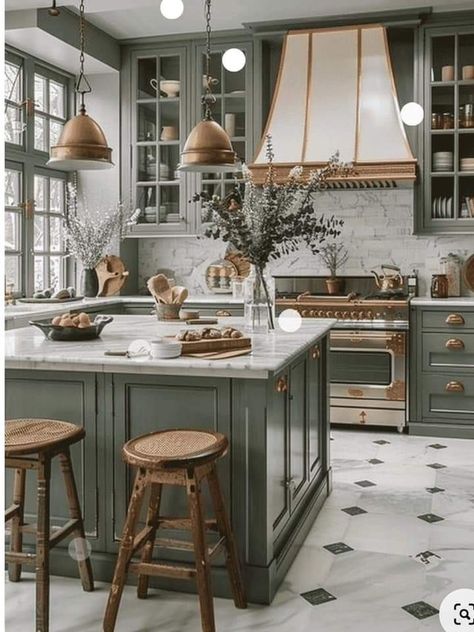 Green Kitchen Traditional, Dark Green Farmhouse Kitchen, Green Kitchen Dark Countertops, Kitchen Island Contrasting Color, Woodsy Kitchen Ideas, Green Kitchen Design Ideas, Kitchen Ideas Dark Green, Warm Green Kitchen, Green Kitchen Islands