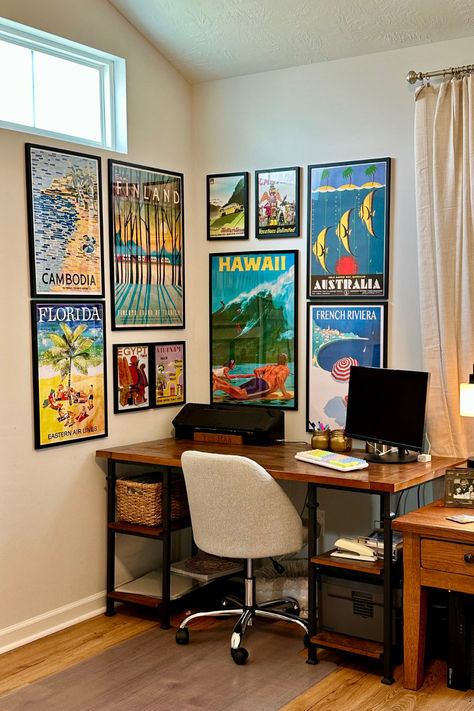 We just set up this corner wall gallery in our new home and I'm obsessed with how it came out!  
10 frames, Four 16"x24", Two 20"x30" and Four 9"x12". I purchased retro travel poster digital downloads on Etsy and had them printed in the above sizes. So happy it all came together so well! Frame Placement On Wall Bedroom, Frame Poster Ideas, Frame Placement On Wall, Corner Wall Gallery, Gallery Corner, Maximalism Decor, Frame Placement, Gallery Wall Bedroom, Maximalist Wall