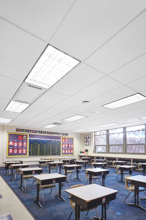 School classroom using AirAssure and Armstrong VidaShield UV24 air purification system to create cleaner air 24/7. American School Classroom, American Highschool Aesthetic Classroom, Highschool Aesthetic Classroom, Emotion Background, American Classroom, Usa High School, Aesthetic Classroom, Thanksgiving Play, Classroom Ceiling