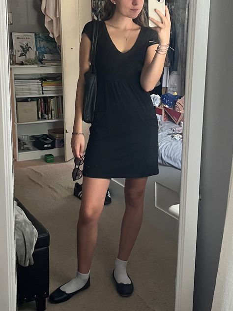 mirror selfie 
fit check 
ballet flats with socks 
little black dress Ballet Flats Dress, Ballet Flats With Dress, Black Ballerina Shoes Outfit, Ballet Pumps Outfit, Ballet Flat Outfits, Black Ballet Flats Outfit, Black Flats Outfit, Casual Flats Outfit, Black Dress Flats