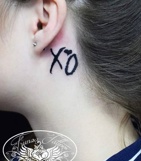 The weeknd tattoo idea The Weeknd Tattoo Ideas After Hours, Xo Tattoo On Neck, X’o Tattoo The Weeknd, Tattoos Inspired By The Weeknd, Weeknd Tattoo Ideas, Xo Tattoo The Weeknd, Weeknd Tattoo Xo, Xo Meaning The Weeknd, The Weeknd Tattoo