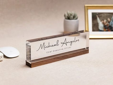 Personalized Acrylic Name Block w/ Wooden Base (Design 2) - Minimal Executive Desk CEO Sign, Job Office Decor, Graduation or Promotion Gift Job Office Decor, Ceo Table, Job Office, Name Blocks, Desk Name Plates, Table Names, Personalized Acrylic, Base Design, Executive Desk