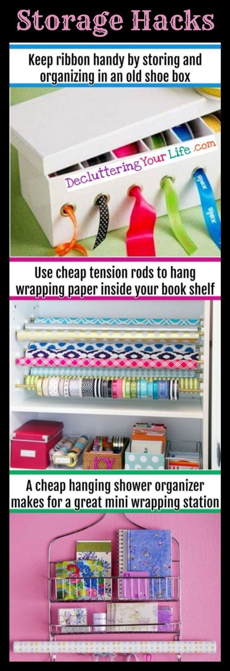 Wrapping Paper Storage Ideas - DIY wrapping paper storage for small spaces on a budget (with Dollar Tree and Dollar Store organizers) Storage ideas for rolls of wrapping paper and gift wrapping clutter ST1292019 Wrapping paper storage ideas - how to store wrapping paper DIY ideas - decluttering gift bags - gift bow storage ideas - gift tissue paper storage ideas Diy Wrapping Paper Storage, Paper Storage Ideas, Small Closet Organization Diy, Craft Storage Ideas For Small Spaces, Tissue Paper Storage, Gift Bag Storage, Craft Paper Storage, Diy Wrapping Paper, Wrapping Paper Storage