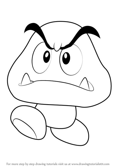 Learn How to Draw Goomba from Super Mario (Super Mario) Step by Step : Drawing Tutorials Mario Gumba Drawing, Super Mario Outline, Super Mario How To Draw, Mario Brothers Drawing Easy, How To Draw Luigi Step By Step, Toad From Mario Drawing, How To Draw Super Mario Characters, Mario Character Drawings, Mario Cartoon Drawing