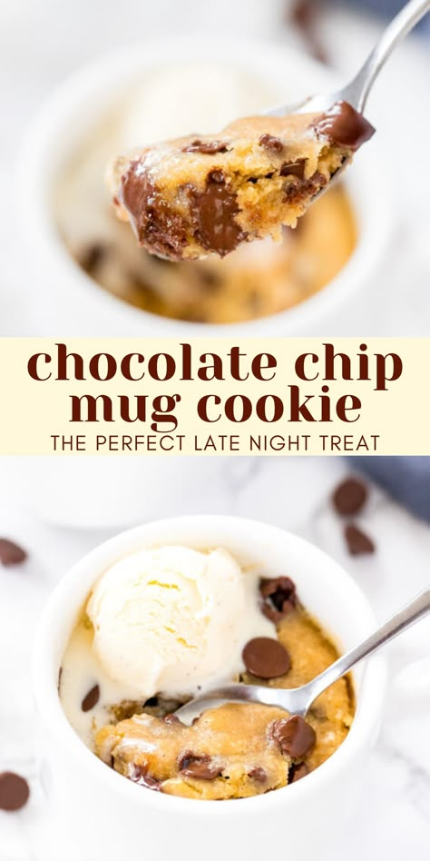 Mug Cookie Recipes, Chocolate Chip Mug Cookie, Mug Dessert Recipes, Microwave Mug Recipes, Mug Cookie, Microwave Dessert, Chip Mug, Cookie In A Mug, Single Serve Desserts