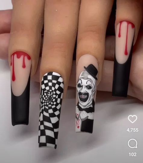 Hollow Ween Nails, The Terrifier Nails, Exorcist Nail Art, Art The Clown Terrifier Nails, Terrifier Nail Art, Ice Nine Kills Nails, Halloween Nails Horror, Art The Clown Nails, Killer Klowns From Outer Space Nails