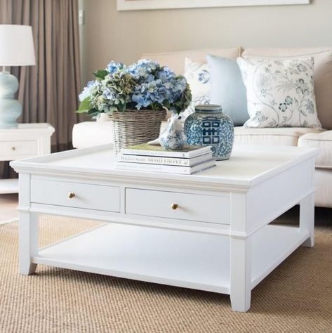 (paid link) Wood Coffee Table Decor Ideas That We Love This Season. Each product we feature has been independently selected and ... Hamptons Style Living Room, Hamptons Living Room, Hamptons Style Interior, Hamptons Style Decor, Styl Hampton, Hamptons Decor, White Coffee Table, French Provincial Style, Hill Interiors