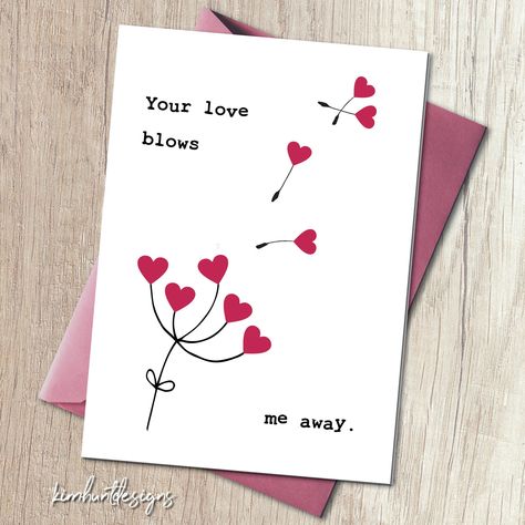 "DIY Minimalist Love Greeting Card, Your Love Blows Me Away Folded Card, Print yourself, 5\"x7\" folded card Make someone smile and feel the love with this custom designed, printable card that folds to 5\"x7\". Not the right size? Message me and I will create a new listing with the size you need YOUR PURCHASE IS AN INSTANT DOWNLOAD: No physical product will be shipped. After checking out, you will receive two high resolution, PDF files: 1. One for a 5\"x7\" foldable card. Prints one per page. Fi Valentine Cards For Boyfriend, Card With Hearts, Love Cards For Him, Handmade Greeting Card Designs, Valentines Watercolor, Minimalist Card, Valentine Cards Handmade, Minimalist Cards, Creative Gifts For Boyfriend