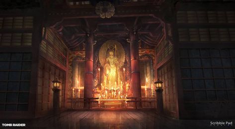 Japan Shrine, Interior Concept Art, Japanese Shrine, Environment Painting, Japanese Temple, Historical Painting, Fire Nation, Fantasy Setting, Chinese Architecture