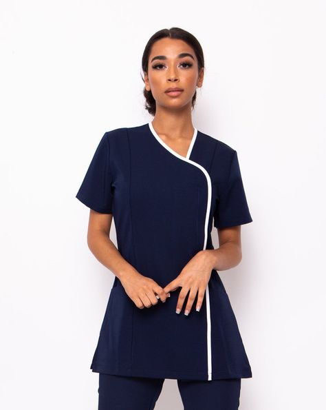 Medical Receptionist Outfit Front Desk, Maid Uniform Housekeeping, Uniform Inspiration, Beauty Uniform, Salon Uniform, Beauty Uniforms, Spa Uniform, Salon Wear, Navy Uniform