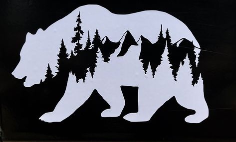 Bear with mountain camping decal. Bear Decal, Laptop Decoration, Mountain Decal, Van Wall, Yeti Decals, Bear Mountain, Black Stickers, Window Decals, Laptop Decal