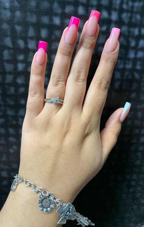 Medium Nail Ideas Pink, Thick Pink French Tip Nails, Different Pink French Tip Nails, Med Square Nails, Medium Nail Ideas Square, Bright Pink French Nails, Pink Full Set Nails, Summer French Nails Square, Light Pink Nails French