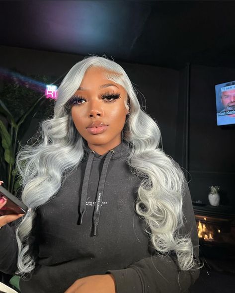 pretty & unique buss down wig. follow for more content. Grey Lace Wig, Grey Hair Wig, Grey Hair Dye, Frontal Wig Hairstyles, Black Ponytail Hairstyles, Wig Styling, Frontal Hairstyles, Grey Lace, Women's Wigs