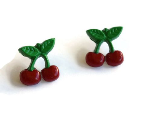 Cherry Stud Earrings, Cherry Accesories, Fruit Earrings, Nickel Free Posts, Bright Food Jewelry, Fruity Earring Posts, Polymer Clay Jewelry Clay Cherry, Parade Ideas, Happy Hat, Fruit Jewelry, Cherry Earrings, Making Stuff, Fruit Earrings, Clay Figurine, Food Jewelry