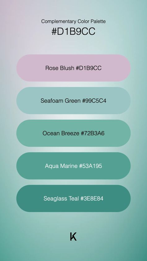 Complementary Color Palette Rose Blush #D1B9CC · Seafoam Green #99C5C4 · Ocean Breeze #72B3A6 · Aqua Marine #53A195 · Seaglass Teal #3E8E84 Complementary Color Palette, Color Thesaurus, Hex Color Palette, Color Pallete, Rose Blush, Soft Rose, Paul Gauguin, Peach Roses, Hex Colors