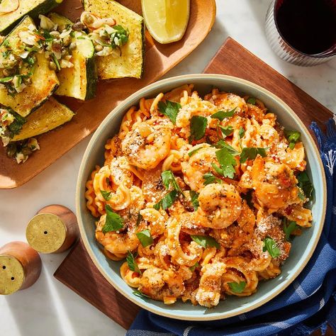 Blue Apron Recipes, Shrimp Seasoning, Vodka Sauce, Blue Apron, Pasta Shapes, Fiber Foods, Roasted Almonds, How To Cook Shrimp, Recipe Card