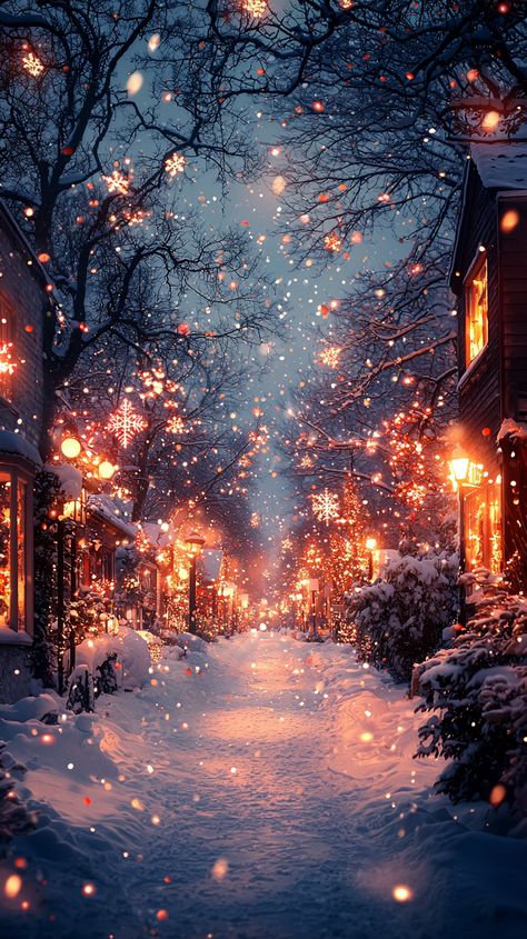 Step into a winter wonderland where snowflakes dance in a symphony of orange and white lights 🎄✨ Cozy cottages line the path, their warm glow inviting you to embrace the festive cheer. Feel the magic in the air as the crisp snow crunches beneath your feet ❄️ #christmas #cozy #winter #wonderland #holiday #lights #snow #festive #magic #warmth #joy #christmasdecor 🎅🔔 Winter Holiday Phone Wallpaper, Christmas Cosy Aesthetic, Ethereal Christmas Aesthetic, Winter Festival Aesthetic, Winter Magic Aesthetic, Magical Christmas Aesthetic, Light Christmas Aesthetic, Christmascore Aesthetic, Cozy Ipad Wallpaper