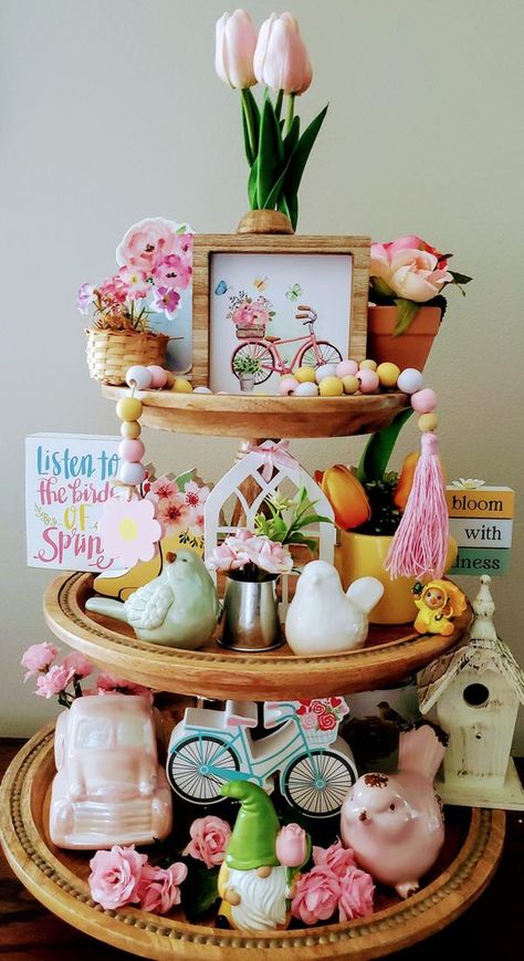 Tiered Tray Decorating & More | My Spring Tiered tray, 🐦🌷⚘🚲 | Facebook Strawberry Tiered Tray, Polymer Clay Tiered Tray Decor, Tea Time Tiered Tray, Mini Mugs For Tiered Tray, Wicker Tiered Tray, Tiered Tray Stand, Farmhouse Primitive, Tiered Tray Diy, Summer Kitchen